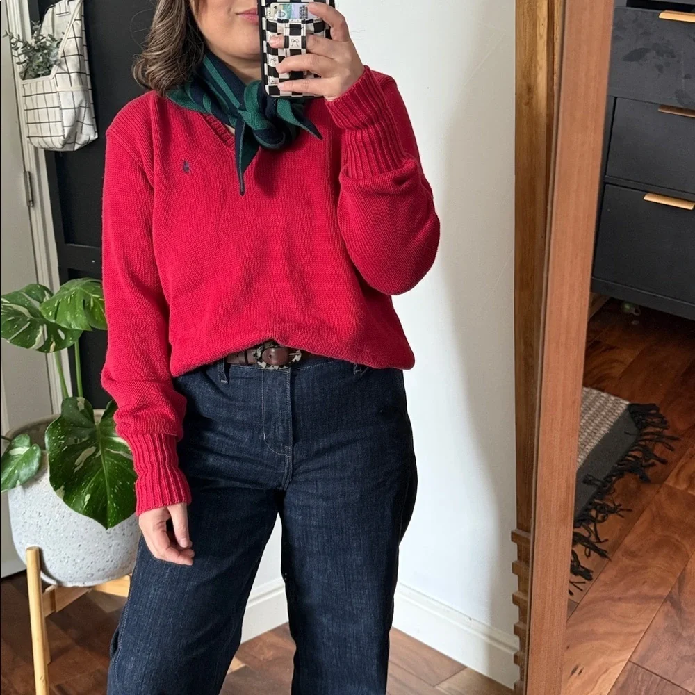 Vintage Polo Ralph Lauren Sport V neck Chunky Knit Pullover Sweater. M Unisex